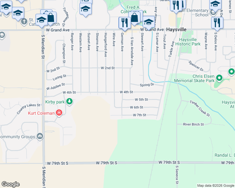 map of restaurants, bars, coffee shops, grocery stores, and more near 504 Wire Avenue in Haysville