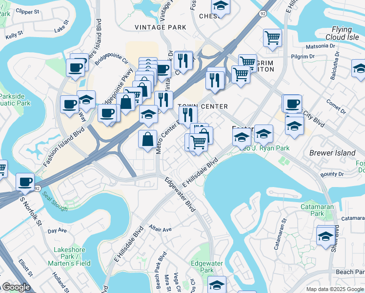map of restaurants, bars, coffee shops, grocery stores, and more near 1 Plaza View Lane in Foster City