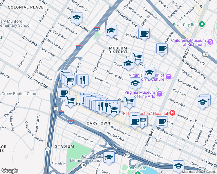 map of restaurants, bars, coffee shops, grocery stores, and more near 106 North Dooley Avenue in Richmond