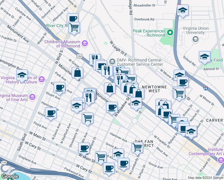 map of restaurants, bars, coffee shops, grocery stores, and more near 2204 West Grace Street in Richmond
