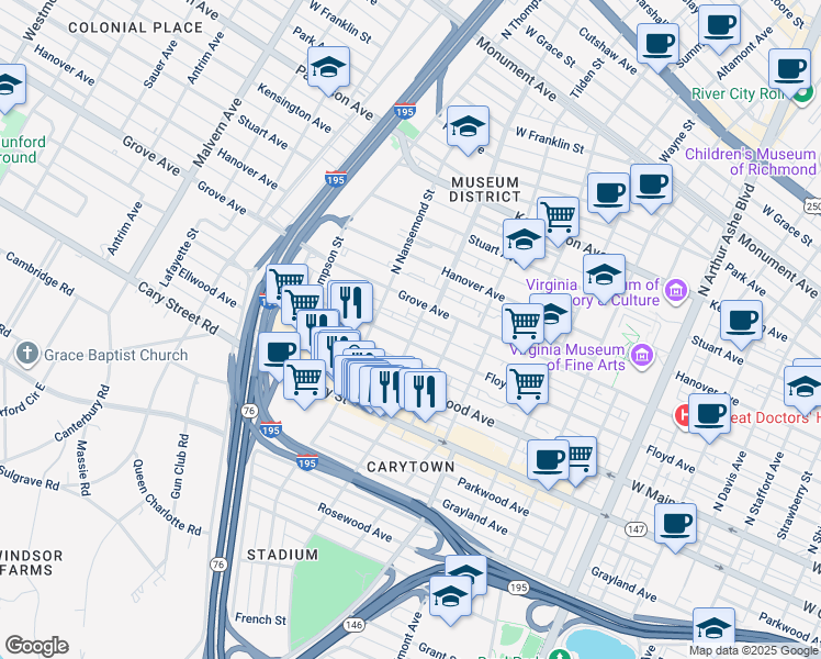 map of restaurants, bars, coffee shops, grocery stores, and more near 100 North Crenshaw Avenue in Richmond