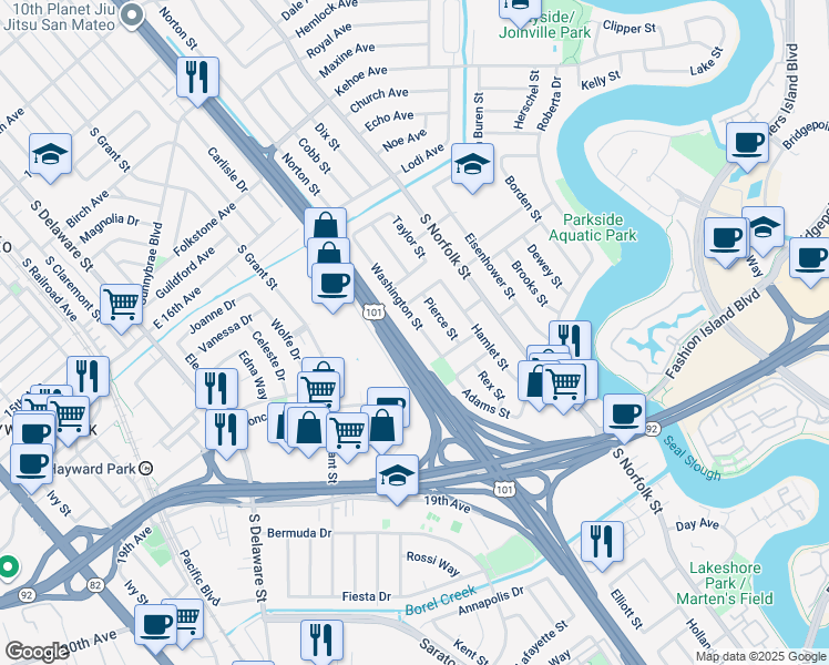 map of restaurants, bars, coffee shops, grocery stores, and more near 1740 Washington Street in San Mateo