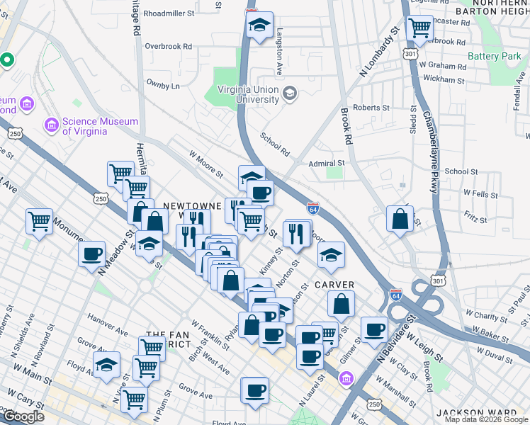 map of restaurants, bars, coffee shops, grocery stores, and more near 1011 North Lombardy Street in Richmond