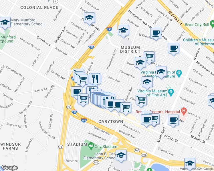 map of restaurants, bars, coffee shops, grocery stores, and more near 3412 Floyd Avenue in Richmond