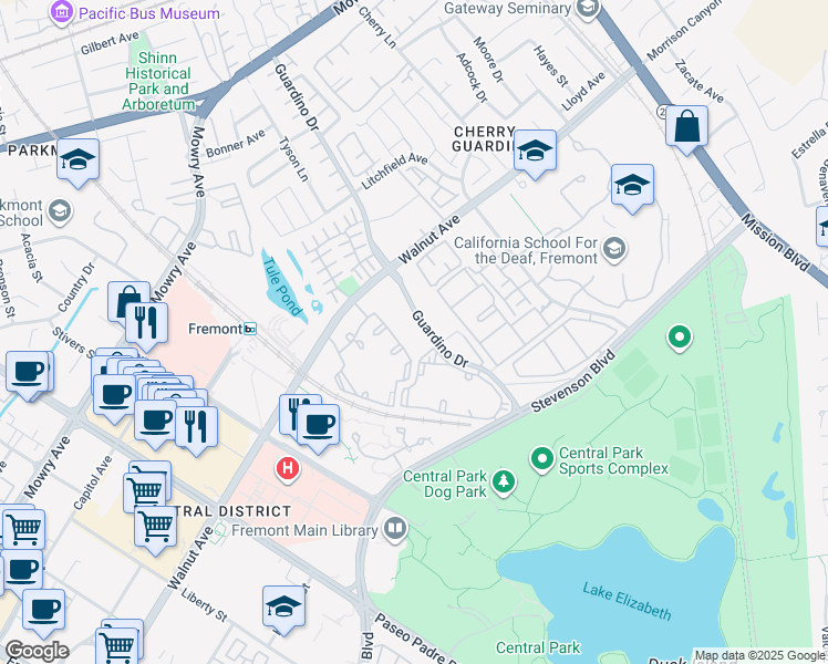 map of restaurants, bars, coffee shops, grocery stores, and more near 39219 Guardino Drive in Fremont
