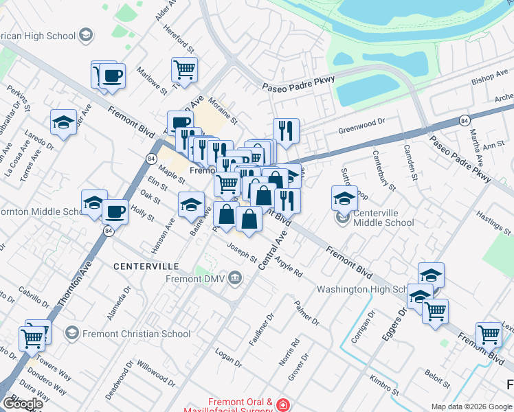 map of restaurants, bars, coffee shops, grocery stores, and more near 37429 Fremont Boulevard in Fremont