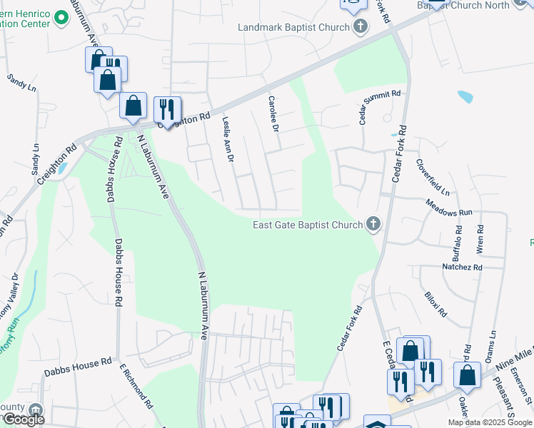 map of restaurants, bars, coffee shops, grocery stores, and more near 3805 Mitcheltree Boulevard in Richmond