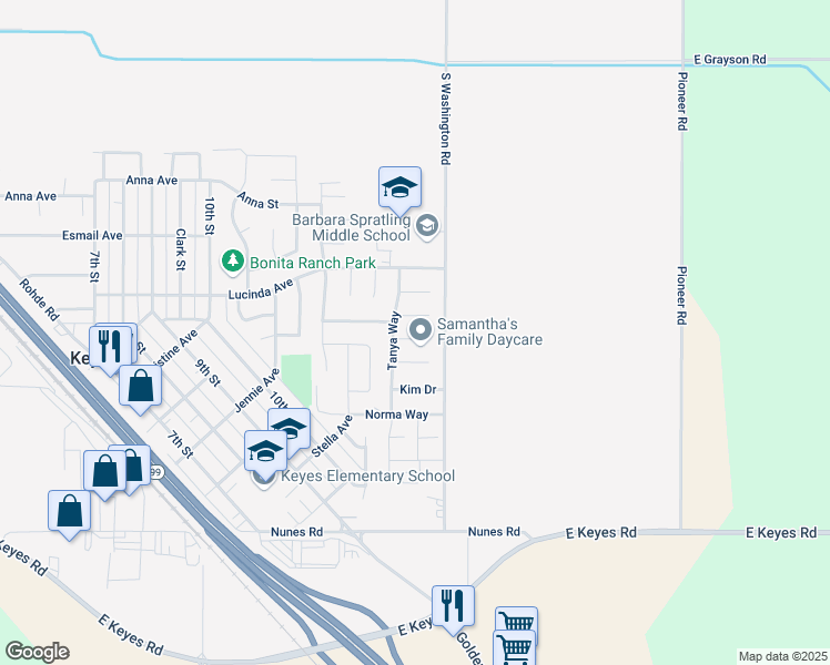 map of restaurants, bars, coffee shops, grocery stores, and more near 4914 Delphina Court in Keyes