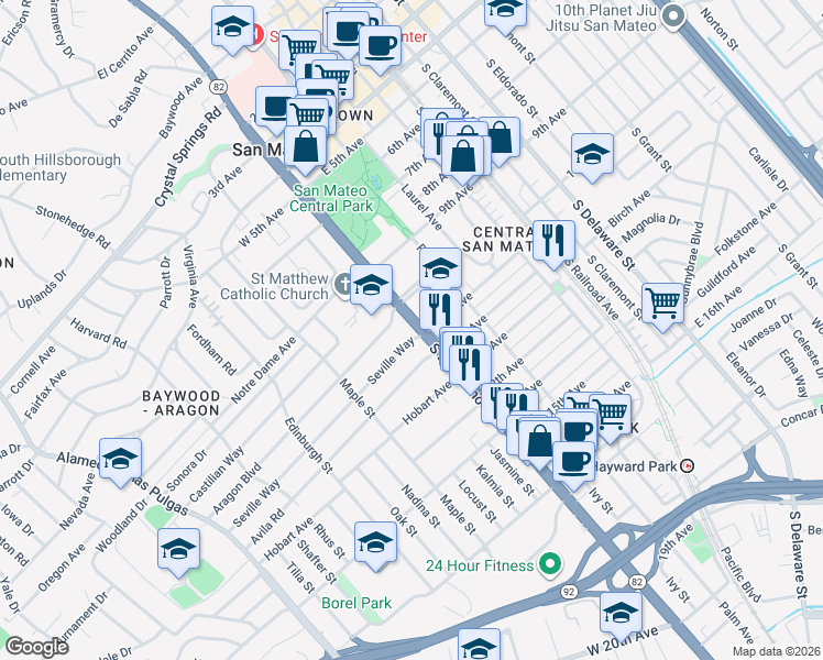 map of restaurants, bars, coffee shops, grocery stores, and more near 6 Seville Way in San Mateo