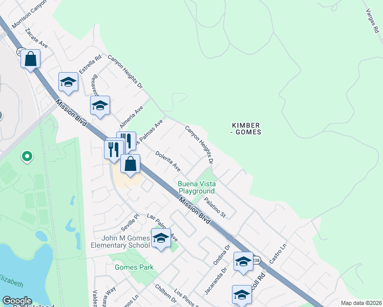 map of restaurants, bars, coffee shops, grocery stores, and more near 40385 Loro Place in Fremont