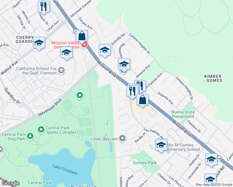 map of restaurants, bars, coffee shops, grocery stores, and more near 39843 San Moreno Court in Fremont
