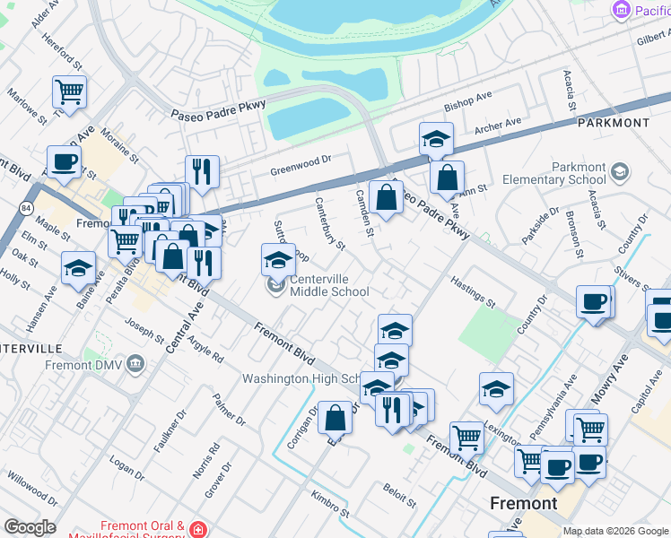 map of restaurants, bars, coffee shops, grocery stores, and more near 3591 Sutton Loop in Fremont
