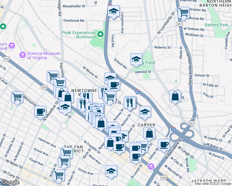 map of restaurants, bars, coffee shops, grocery stores, and more near 1011 North Lombardy Street in Richmond