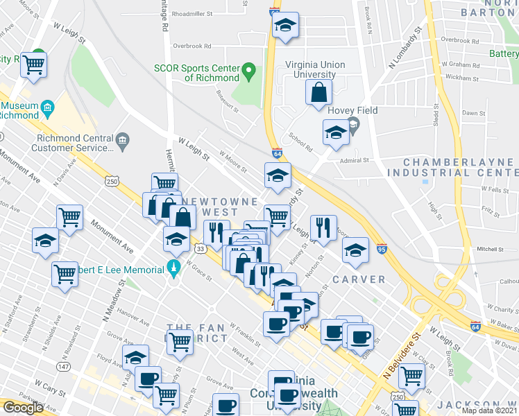 map of restaurants, bars, coffee shops, grocery stores, and more near 911 Mozelle Street in Richmond
