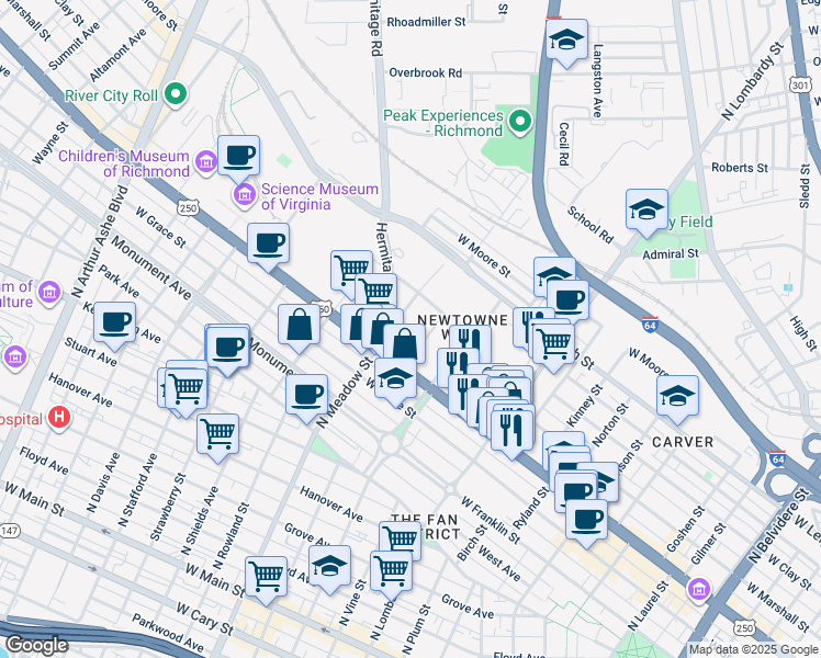 map of restaurants, bars, coffee shops, grocery stores, and more near 1840 West Broad Street in Richmond