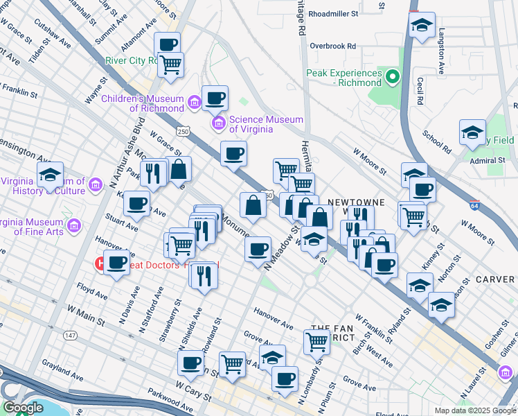 map of restaurants, bars, coffee shops, grocery stores, and more near 2042 West Grace Street in Richmond