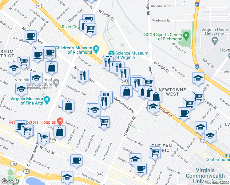 map of restaurants, bars, coffee shops, grocery stores, and more near 2301 Monument Avenue in Richmond
