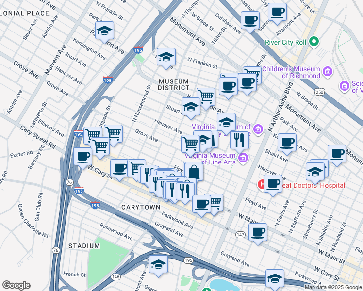 map of restaurants, bars, coffee shops, grocery stores, and more near 3200 Grove Avenue in Richmond