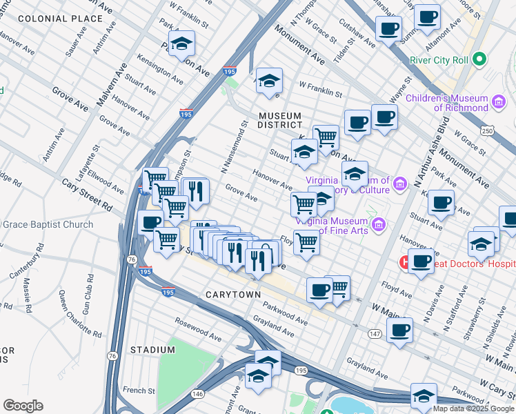 map of restaurants, bars, coffee shops, grocery stores, and more near 100 North Dooley Avenue in Richmond