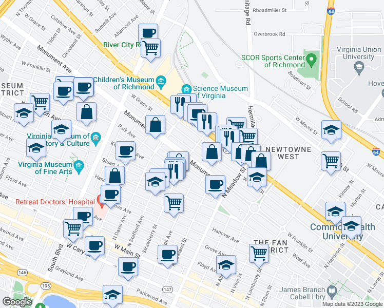 map of restaurants, bars, coffee shops, grocery stores, and more near 2236 Monument Avenue in Richmond