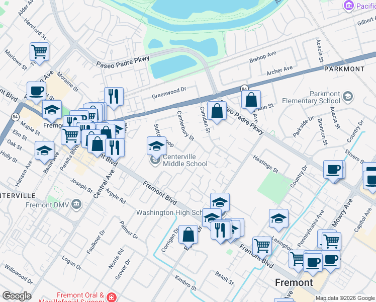 map of restaurants, bars, coffee shops, grocery stores, and more near 3591 Sutton Loop in Fremont
