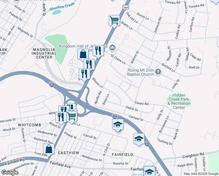 map of restaurants, bars, coffee shops, grocery stores, and more near 2216 Beau Lane in Richmond