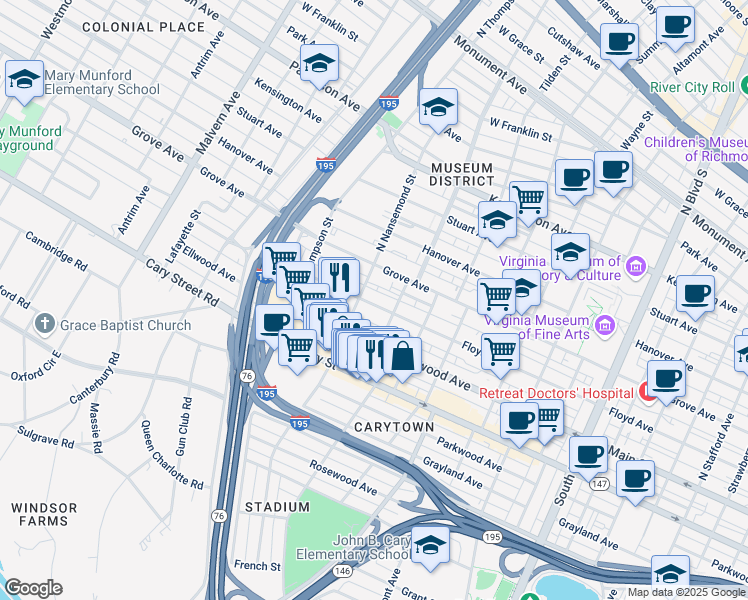 map of restaurants, bars, coffee shops, grocery stores, and more near 3420 Floyd Avenue in Richmond