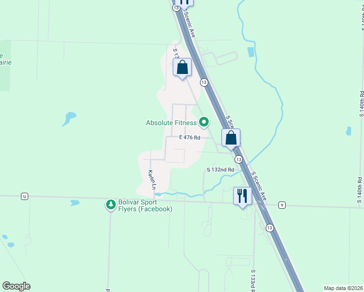 map of restaurants, bars, coffee shops, grocery stores, and more near 1306 East 477th Road in Bolivar