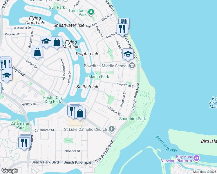 map of restaurants, bars, coffee shops, grocery stores, and more near 384 Sunfish Court in Foster City