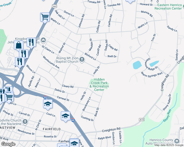 map of restaurants, bars, coffee shops, grocery stores, and more near 464 Hollybrook Ridge Lane in Richmond