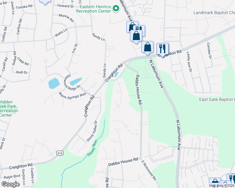 map of restaurants, bars, coffee shops, grocery stores, and more near 3112 Hunters Trce in Richmond