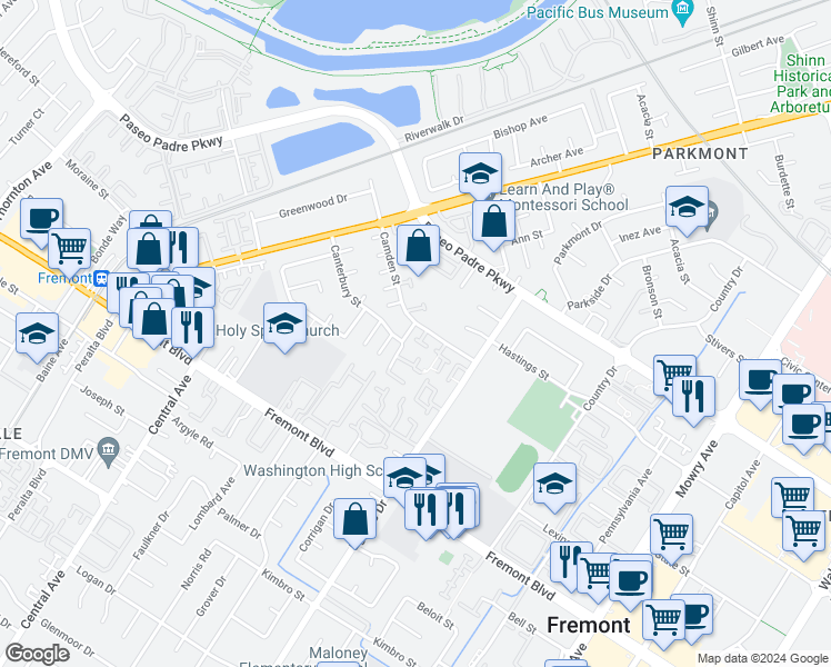 map of restaurants, bars, coffee shops, grocery stores, and more near 38002 Dover Common in Fremont
