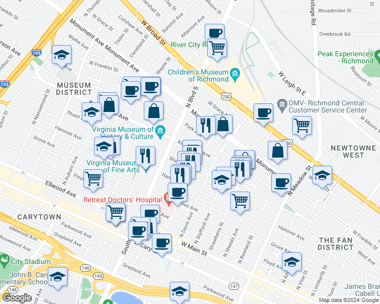 map of restaurants, bars, coffee shops, grocery stores, and more near 2623 Kensington Avenue in Richmond