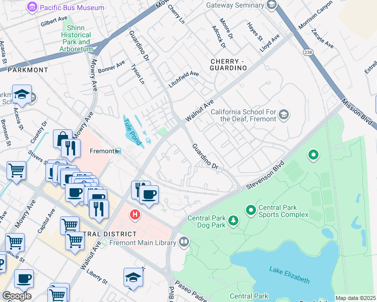 map of restaurants, bars, coffee shops, grocery stores, and more near 39149 Guardino Drive in Fremont