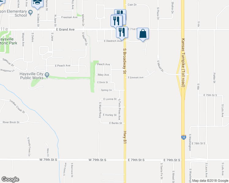 map of restaurants, bars, coffee shops, grocery stores, and more near 1413 Spring Circle in Haysville