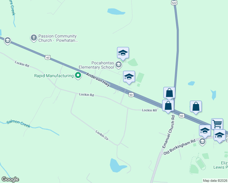 map of restaurants, bars, coffee shops, grocery stores, and more near 4307 Anderson Highway in Powhatan