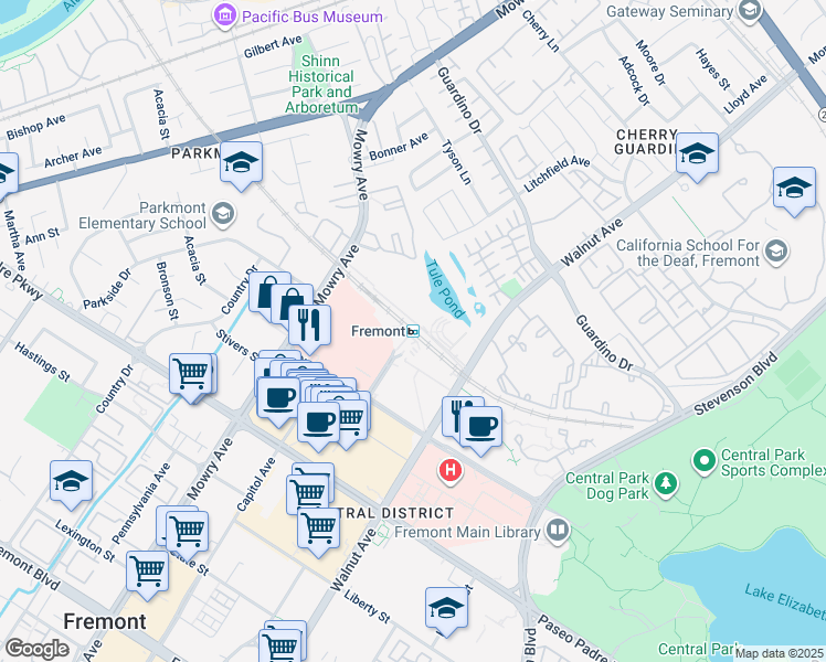 map of restaurants, bars, coffee shops, grocery stores, and more near 2000 Bart Way in Fremont