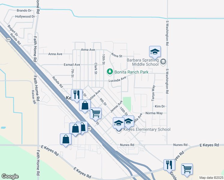 map of restaurants, bars, coffee shops, grocery stores, and more near 5421 Allison Way in Keyes