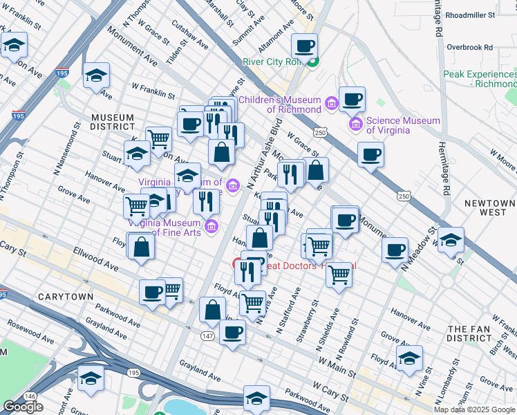 map of restaurants, bars, coffee shops, grocery stores, and more near 2700 Stuart Avenue in Richmond