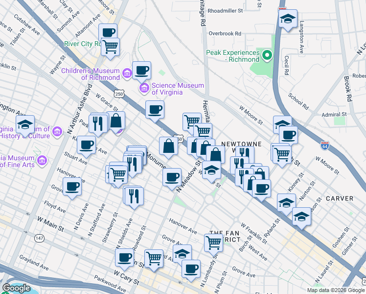 map of restaurants, bars, coffee shops, grocery stores, and more near 2042 West Grace Street in Richmond