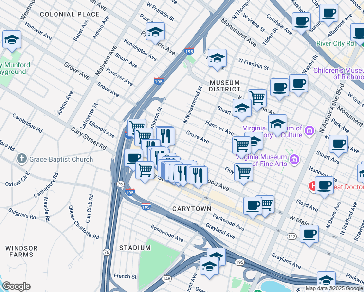 map of restaurants, bars, coffee shops, grocery stores, and more near 3420 Floyd Avenue in Richmond