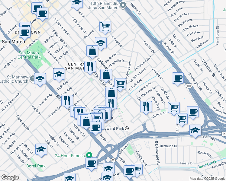 map of restaurants, bars, coffee shops, grocery stores, and more near 1512 South Claremont Street in San Mateo
