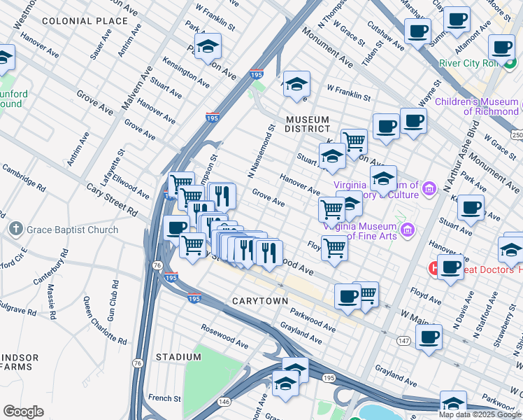 map of restaurants, bars, coffee shops, grocery stores, and more near 104 North Crenshaw Avenue in Richmond
