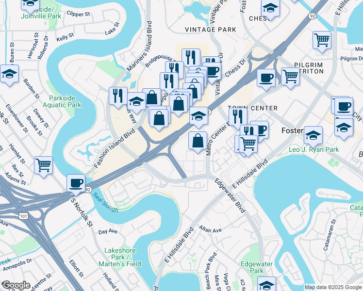 map of restaurants, bars, coffee shops, grocery stores, and more near 1820 Gateway Drive in San Mateo