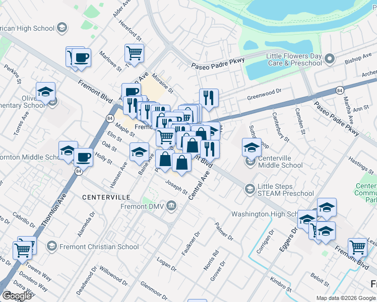 map of restaurants, bars, coffee shops, grocery stores, and more near 37471 Fremont Boulevard in Fremont
