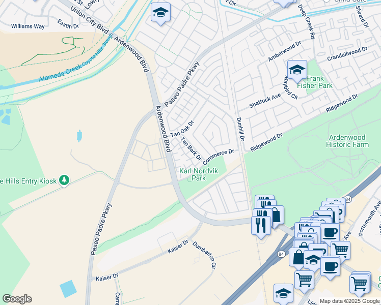 map of restaurants, bars, coffee shops, grocery stores, and more near 6008 Capriana Common in Fremont