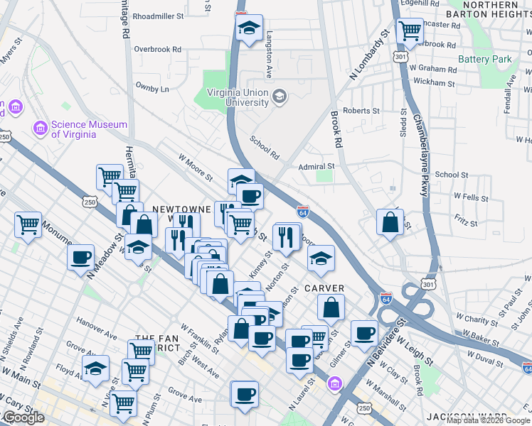map of restaurants, bars, coffee shops, grocery stores, and more near 1011 North Lombardy Street in Richmond
