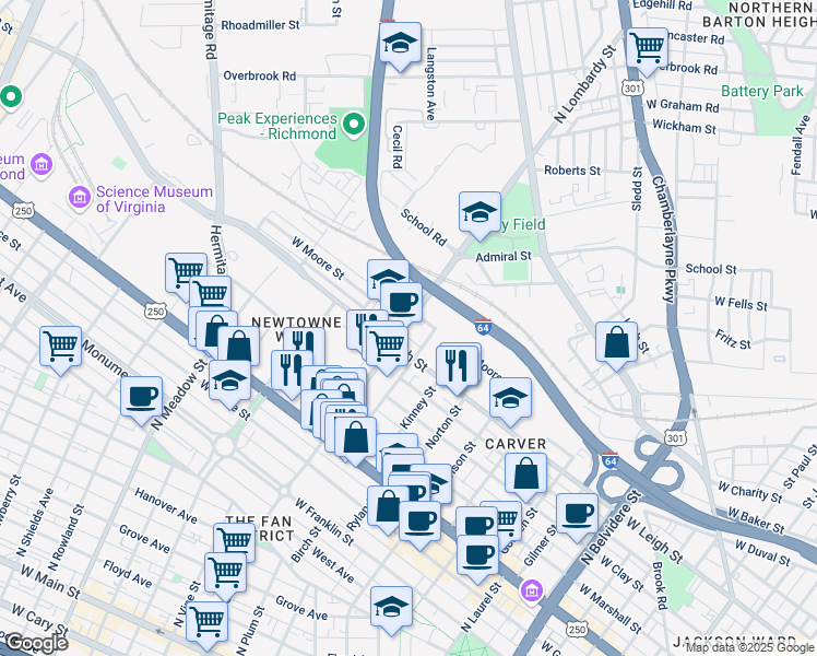 map of restaurants, bars, coffee shops, grocery stores, and more near 1011 North Lombardy Street in Richmond