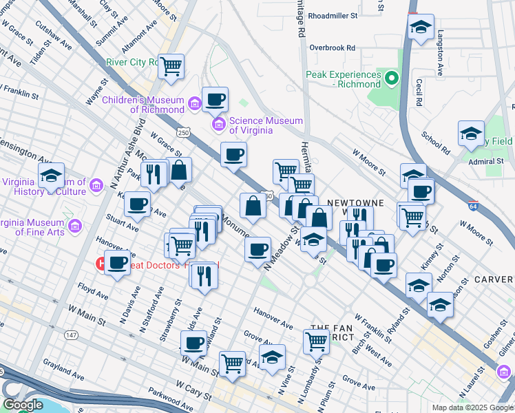 map of restaurants, bars, coffee shops, grocery stores, and more near 2042 West Grace Street in Richmond
