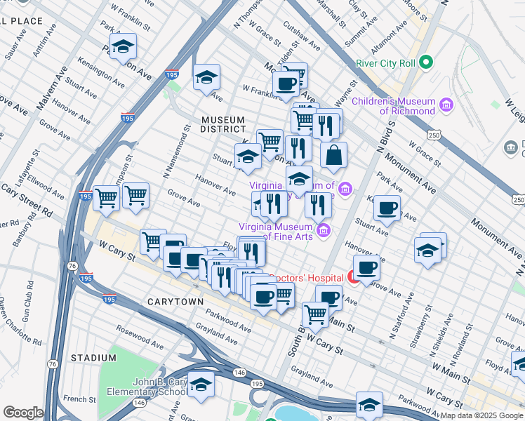 map of restaurants, bars, coffee shops, grocery stores, and more near 3102 Hanover Avenue in Richmond